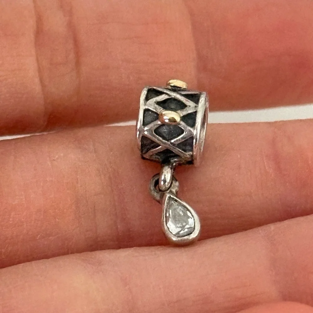 Pandora 925 & 14K Gold Two Tone Clear CZ One World Health Dangle Bead Charm
